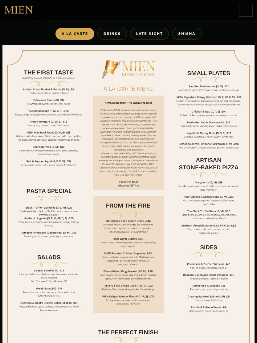 MIEN London Menu Tablet website screenshot