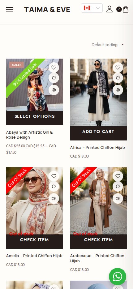 Taima & Eve Shop Mobile website screenshot