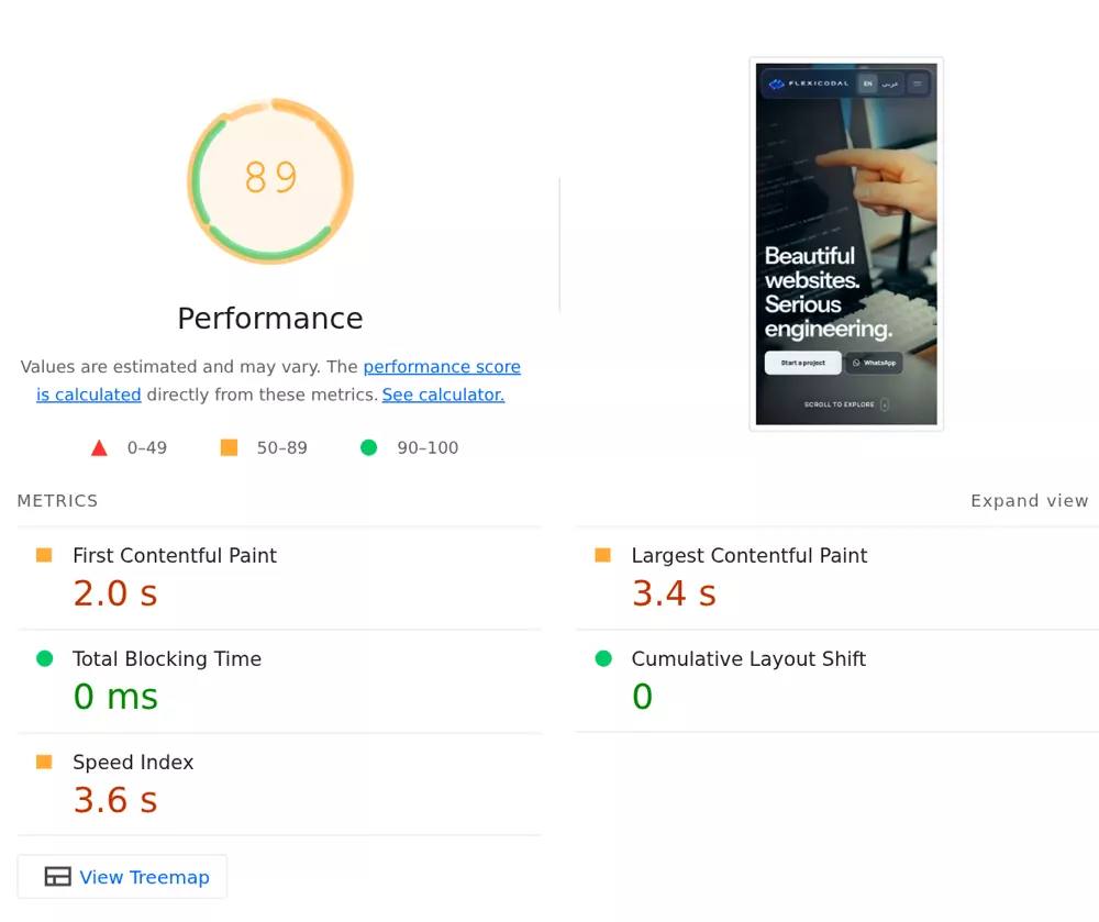 Cropped Lighthouse mobile report showing 89 performance, 3.4 second largest contentful paint and zero layout shift